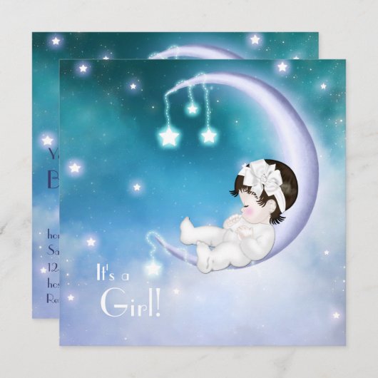 Paarse Maan Baby Meisje Douche Kaart (Voorkant / Achterkant)