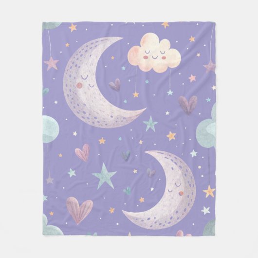 Paarse Maan & Wolken Fleece Deken (Voorkant)