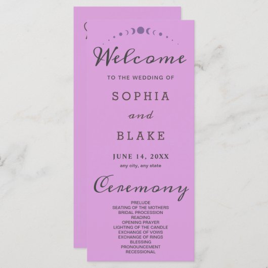 Paarse maanfasen Plum Paarse bruiloft programma (Voorkant / Achterkant)