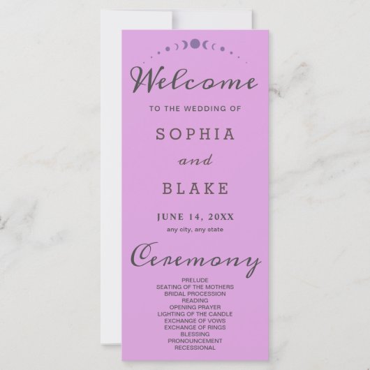 Paarse maanfasen Plum Paarse bruiloft programma (Voorkant)