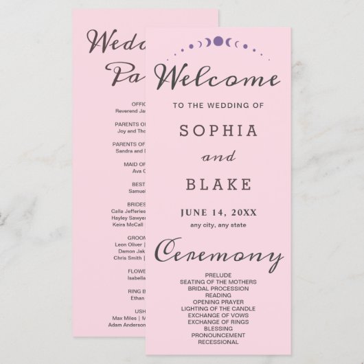 Paarse maanfasen zacht roze bruiloft programma (Voorkant / Achterkant)