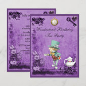 Paarse Mad Hatter Wonderland Birthday Tea Kaart (Voorkant / Achterkant)