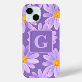 paarse madeliefje bloemen gepersonaliseerd monogra iPhone 15 case