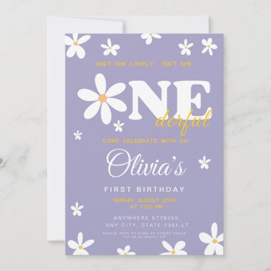 Paarse madeliefje, is ze niet ouderwets 1e verjaar kaart (Voorkant)