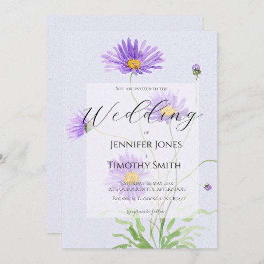 paarse madeliefjes bruiloft uitnodiging (Voorkant / Achterkant)