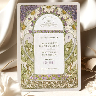 Paarse Madeliefjes Save Date Vintage Art Nouveau M Kaart
