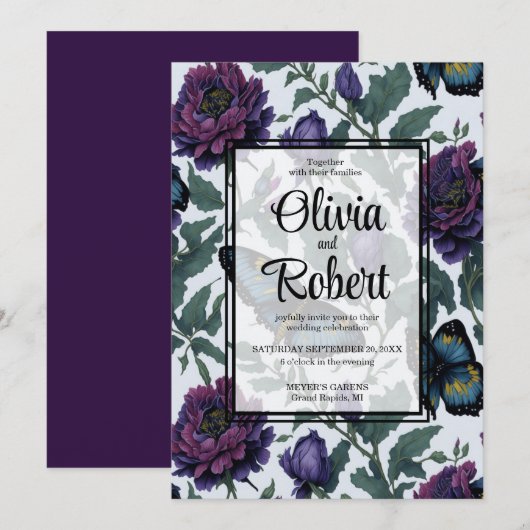 paarse magenta bloemenvlinders bruiloft kaart (Voorkant / Achterkant)