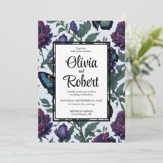  paarse magenta bloemenvlinders bruiloft kaart (Staand voorkant)