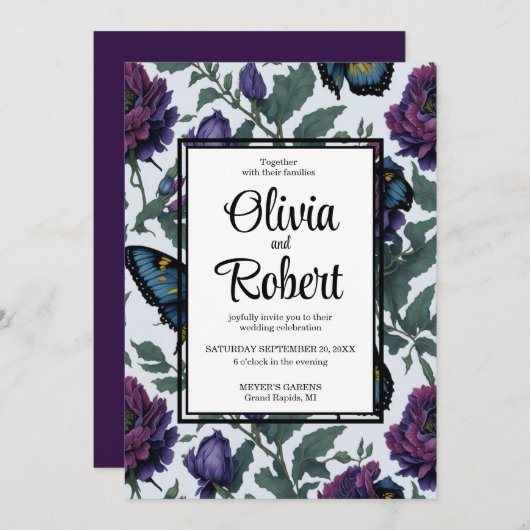  paarse magenta bloemenvlinders bruiloft kaart (Voorkant / Achterkant)