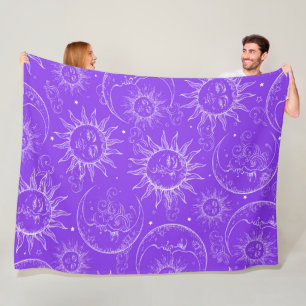 Paarse Magie Vintage Hemel Zon Maan Sterren Fleece Deken