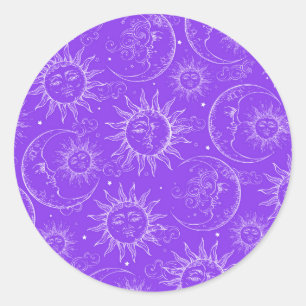 Paarse Magie Vintage Hemelse Zon Maan Sterren Ronde Sticker