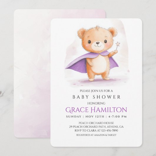 Paarse Magische Beer Baby shower Uitnodiging voor (Voorkant / Achterkant)