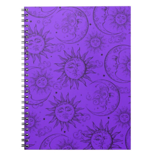 Paarse Magische Vintage Celestial Sun Moon Stars Notitieboek (Voorkant)