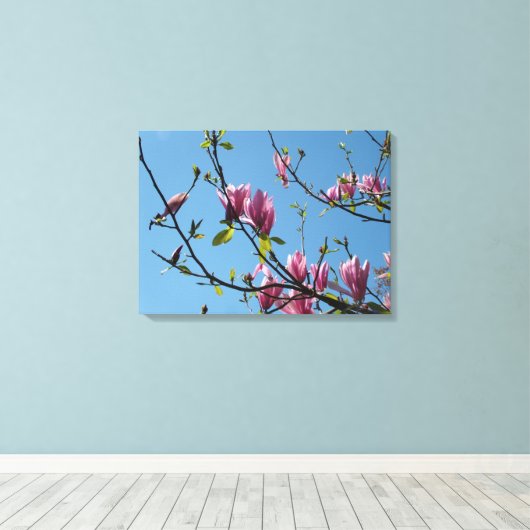 paarse magnolia - bloemen in de blauwe lucht canvas afdruk (Insitu (Houten vloer))