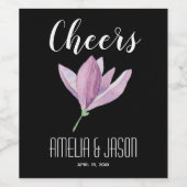 Paarse Magnolia Blossom op Black Wedding Wijn Etiket (Enkel label)