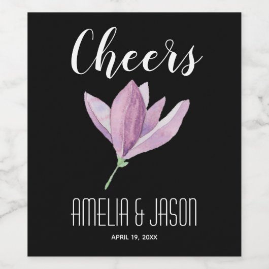 Paarse Magnolia Blossom op Black Wedding Wijn Etiket (Enkel label)