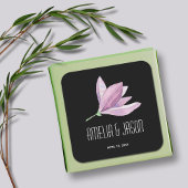 Paarse Magnolia Floral bruiloft gunst op zwart Vierkante Sticker