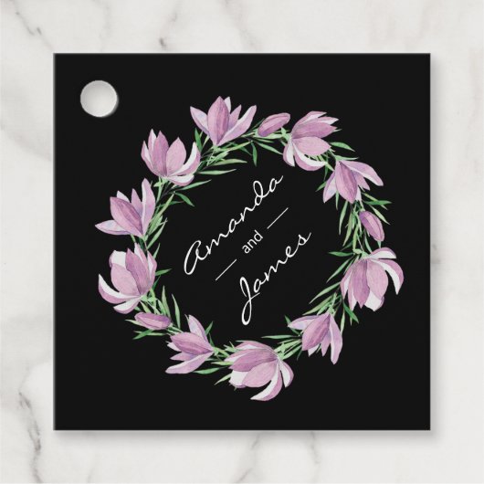 Paarse Magnolia Floral Waterverf Bedankjes Labels (Voorkant)