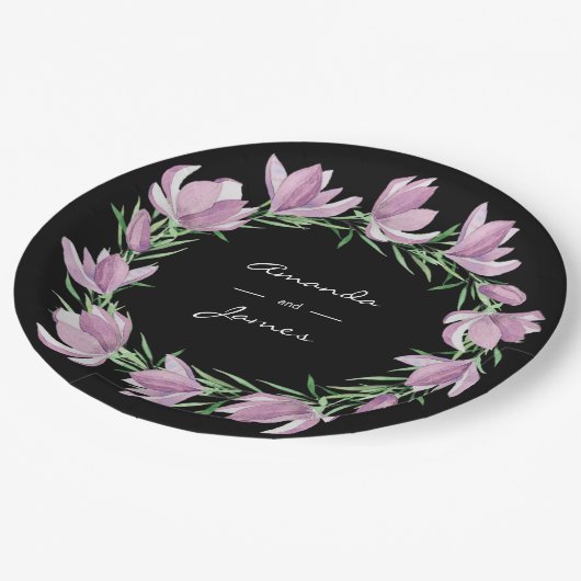 Paarse Magnolia Floral Wreator Waterverf Papieren Bordje (Gekanteld)