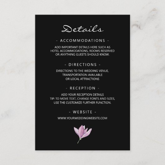 Paarse Magnolia op zwart bloemenbruiloft Details Informatiekaartje (Voorkant)