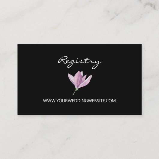 Paarse Magnolia op zwart bloemenbruiloft Details Informatiekaartje (Voorkant)