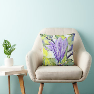Paarse magnolia waterverf groene achtergrond kussen