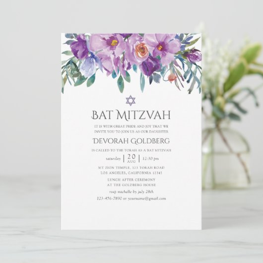 Paarse Magnolias en Rozen Bat Mitzvah Kaart (Staand voorkant)