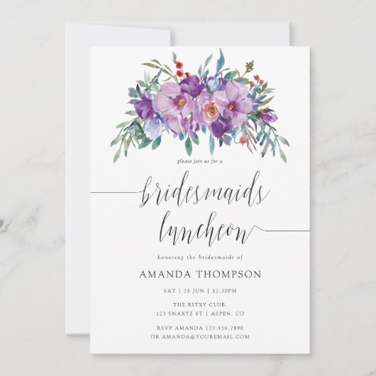 Paarse Magnolias en Rozen Bridesmaids Luncheon Kaart (Voorkant)