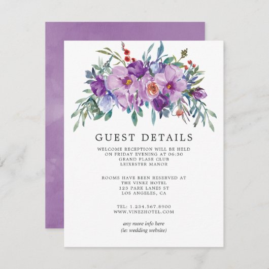 Paarse Magnolia's en Rozen Bruiloft Gast Details Informatiekaartje (Voorkant / Achterkant)