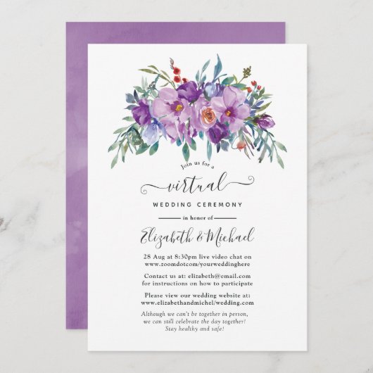 Paarse Magnolias en Rozen online virtueel huwelijk Kaart (Voorkant / Achterkant)