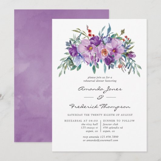 Paarse Magnolias en Rozen Rehearsal Dinner Kaart (Voorkant / Achterkant)