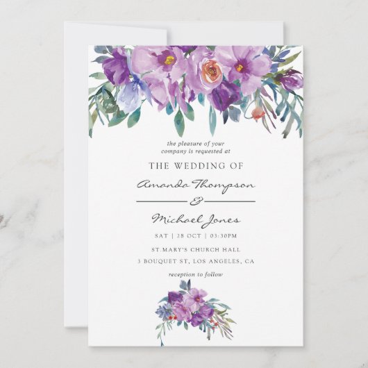 Paarse Magnolias en Rozen waterverf bruiloft Kaart (Voorkant)