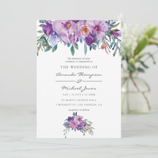 Paarse Magnolias en Rozen waterverf bruiloft Kaart (Staand voorkant)