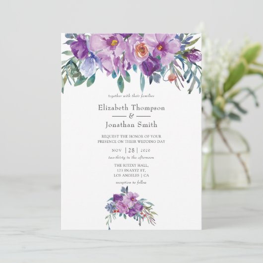 Paarse Magnolias en Rozen waterverf bruiloft Kaart (Staand voorkant)