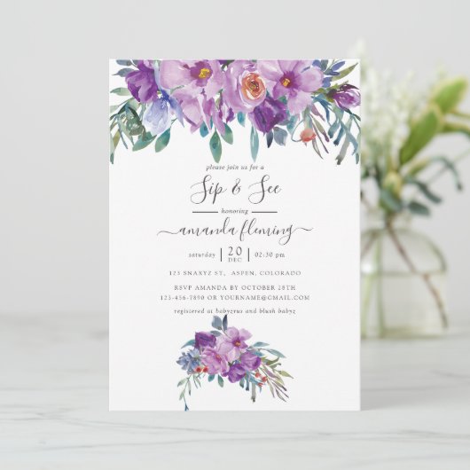 Paarse Magnolias en Rozen Waterverf Sip en Zie Kaart (Staand voorkant)