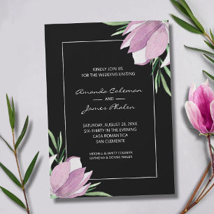 Paarse Magnolia's Waterverf Bloemen Huwelijk Kaart
