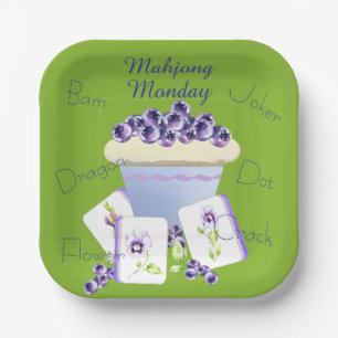 Paarse Mahjong Tegels en Blauwe-bes Cupcake  Papieren Bordje
