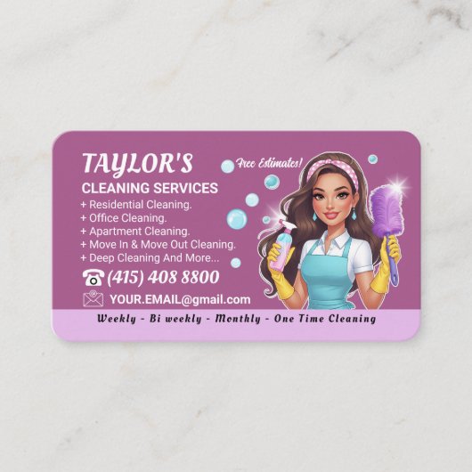 Paarse Maid Janitorial Lady House schoonmaakservic Visitekaartje (Voorkant)