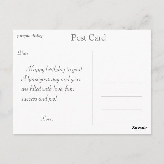 paarse maisbloem, geboortedag briefkaart (Achterkant)