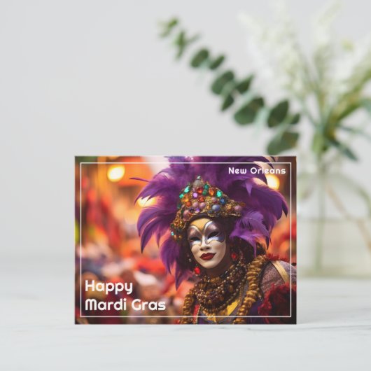 💜💛Paarse Majesteit: Mardi Gras Elegance Briefkaart (Staand voorkant)