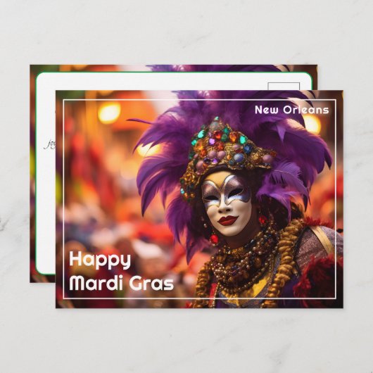 💜💛Paarse Majesteit: Mardi Gras Elegance Briefkaart (Voorkant / Achterkant)