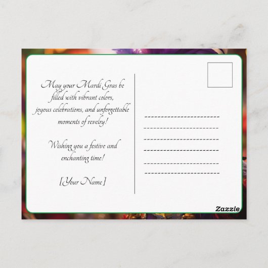 💜💛Paarse Majesteit: Mardi Gras Elegance Briefkaart (Achterkant)