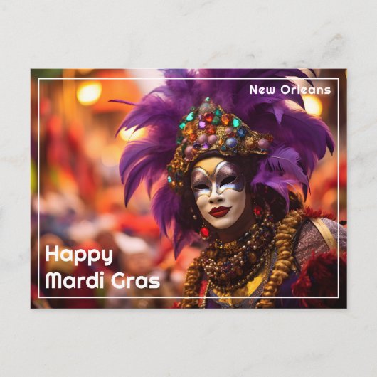 💜💛Paarse Majesteit: Mardi Gras Elegance Briefkaart (Voorkant)