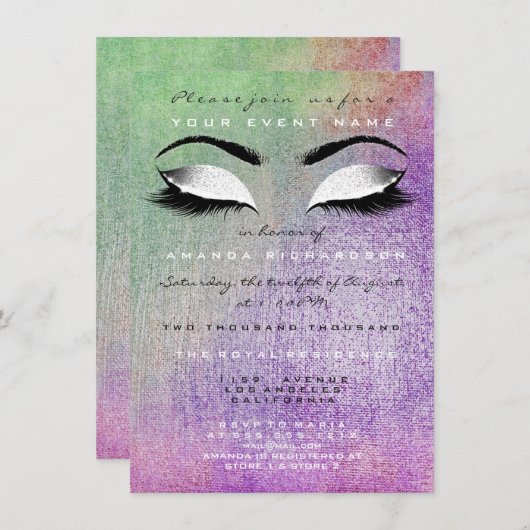 Paarse Makeup White Mint Glitter 16th Bridal Kaart (Voorkant / Achterkant)