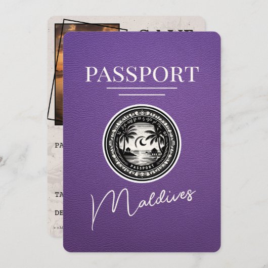 Paarse Malediven Paspoort Bewaar de datum Save The Date (Voorkant / Achterkant)