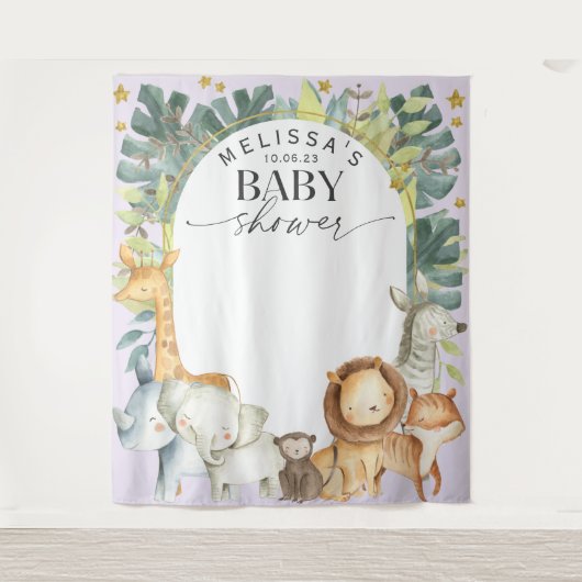 Paarse malle jungle baby dieren douche achtergrond wandkleed (Voorkant)