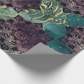 Paarse Mandala en Butterflies op de Blauwgroen Nac Cadeaupapier (Hoek)