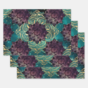 Paarse Mandala en Butterflies op de Blauwgroen Nac Inpakpapier Vel