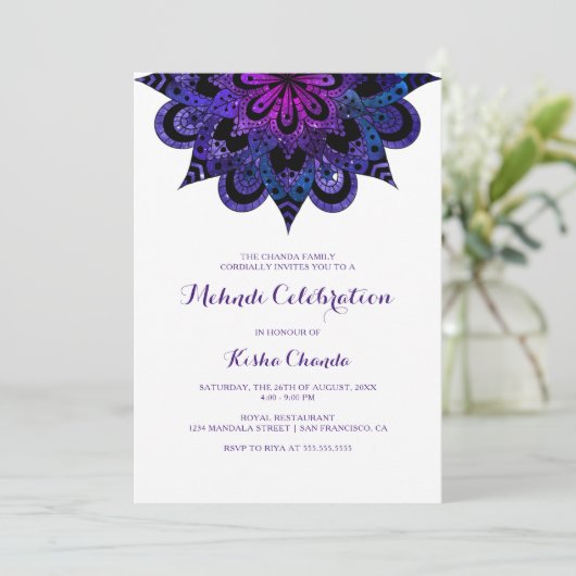 Paarse Mandala Mehndi Uitnodiging (Staand voorkant)