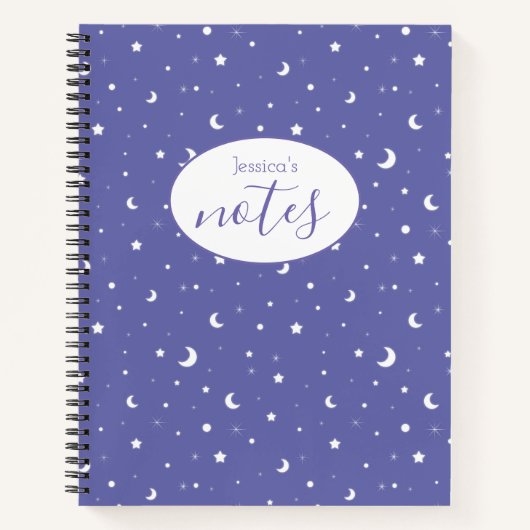 Paarse manen en sterren aangepaste naam notitieboek (Voorkant)